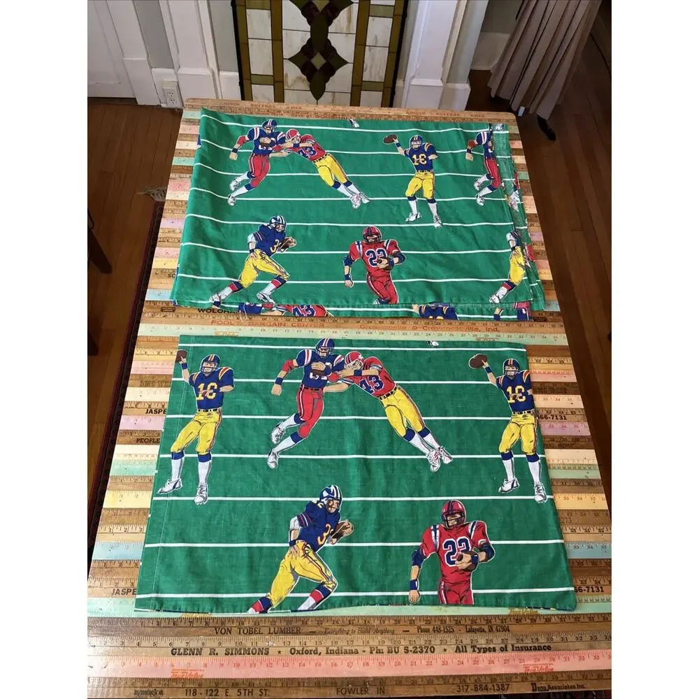 Vintage 70s FOOTBALL Players Flat Bed Sheet Bunk Size 95x 63 